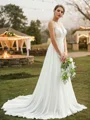 A-Line/Princess Chiffon Lace Scoop Sleeveless Sweep Train Wedding Dresses