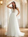 A-Line/Princess Tulle Applique V-neck Sleeveless Sweep Train Wedding Dresses