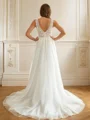 A-Line/Princess Tulle Applique V-neck Sleeveless Sweep Train Wedding Dresses
