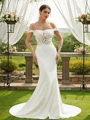 Sheath/Column Stretch Crepe Lace Off-the-Shoulder Sleeveless Court Train Wedding Dresses