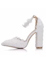 Women's PU Closed Toe With Flower Chunky Heel High Heels