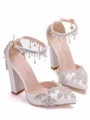 Women's PU Closed Toe With Flower Chunky Heel High Heels