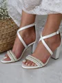 Women's PU With Pearl Peep Toe Chunky Heel Wedding Shoes