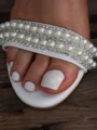 Women's PU With Pearl Peep Toe Chunky Heel Wedding Shoes