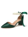 Women's Satin Closed Toe With Pearl Chunky Heel Wedding Shoes