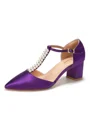 Women's Satin Closed Toe With Pearl Chunky Heel Wedding Shoes
