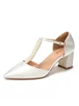 Women's Satin Closed Toe With Pearl Chunky Heel Wedding Shoes