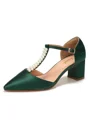 Women's Satin Closed Toe With Pearl Chunky Heel Wedding Shoes
