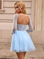 A-line Square Long Sleeves Beading Short/Mini Tulle Corset Dress