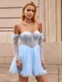 A-line Square Long Sleeves Beading Short/Mini Tulle Corset Dress