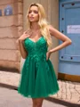 A-line V-neck Appliques Lace Short/Mini Tulle Dress