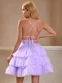 A-line V-neck Cascading Ruffles Short/Mini Tulle Dress