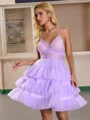 A-line V-neck Cascading Ruffles Short/Mini Tulle Dress