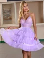 A-line V-neck Cascading Ruffles Short/Mini Tulle Dress