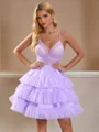 A-line V-neck Cascading Ruffles Short/Mini Tulle Dress