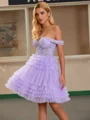 A-line Off-the-Shoulder Appliques Lace Short/Mini Tulle Corset Dress