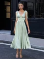 A-line V-neck Bow Tea-Length Silk Like Satin Dress