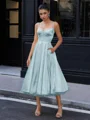 A-line Spaghetti Straps Tea-Length Silk Like Satin Corset Dress