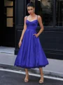 A-line Spaghetti Straps Tea-Length Silk Like Satin Corset Dress