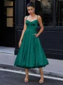 A-line Spaghetti Straps Tea-Length Silk Like Satin Corset Dress