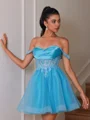 A-line Off-the-Shoulder Appliques Lace Short/Mini Tulle Corset Dress