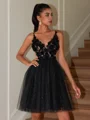 A-line V-neck Appliques Lace Short/Mini Tulle Corset Dress