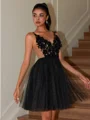 A-line V-neck Appliques Lace Short/Mini Tulle Corset Dress