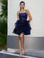 A-line Tulle Spaghetti Straps Cascading Ruffles Short/Mini Dress