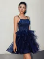 A-line Tulle Spaghetti Straps Cascading Ruffles Short/Mini Dress