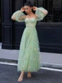 A-line Long Sleeves Lace Sweetheart Flower Corset Tea-Length Dress