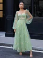A-line Long Sleeves Lace Sweetheart Flower Corset Tea-Length Dress