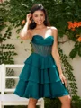A-line Sweetheart Cascading Ruffles Short/Mini Chiffon Corset Dress
