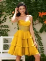 A-line Sweetheart Cascading Ruffles Short/Mini Chiffon Corset Dress