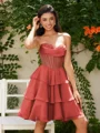 A-line Sweetheart Cascading Ruffles Short/Mini Chiffon Corset Dress