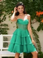 A-line Sweetheart Cascading Ruffles Short/Mini Chiffon Corset Dress