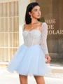 A-line Square Long Sleeves Beading Short/Mini Tulle Corset Dress
