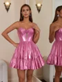 A-line Spaghetti Straps Flower Short/Mini Metallic Satin Corset Dress