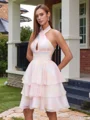 A-line Halter Cascading Ruffles Short/Mini Dress