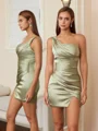 Sheath One-Shoulder Pleated Short/Mini Silk Like Satin Corset Dress