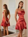 A-line Spaghetti Straps Ruffles Short/Mini Silk Like Satin Corset Dress