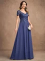 A-Line/Princess Chiffon Applique V-neck Short Sleeves Floor-Length Mother of the Bride Dresses