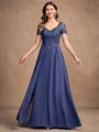 A-Line/Princess Chiffon Applique V-neck Short Sleeves Floor-Length Mother of the Bride Dresses