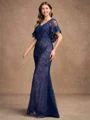Sheath/Column Silk like Satin Lace V-neck Short Sleeves Floor-Length Mother of the Bride Dresses
