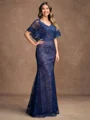 Sheath/Column Silk like Satin Lace V-neck Short Sleeves Floor-Length Mother of the Bride Dresses