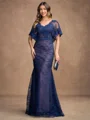 Sheath/Column Silk like Satin Lace V-neck Short Sleeves Floor-Length Mother of the Bride Dresses