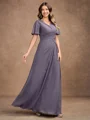 A-Line/Princess Chiffon Ruched V-neck Short Sleeves Floor-Length Mother of the Bride Dresses