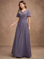 A-Line/Princess Chiffon Ruched V-neck Short Sleeves Floor-Length Mother of the Bride Dresses