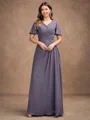 A-Line/Princess Chiffon Ruched V-neck Short Sleeves Floor-Length Mother of the Bride Dresses