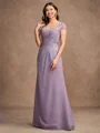 Sheath/Column Chiffon Lace V-neck Short Sleeves Floor-Length Mother of the Bride Dresses
