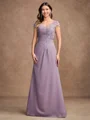 Sheath/Column Chiffon Lace V-neck Short Sleeves Floor-Length Mother of the Bride Dresses